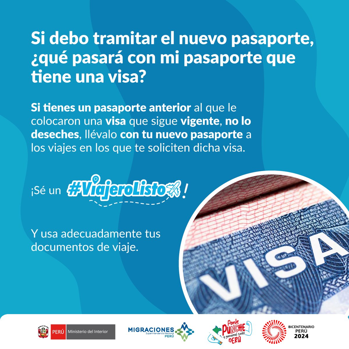 ¡Sé un #ViajeroListo! #MigracionesPerú te recuerda que si tienes un pasaporte anterior al que le colocaron una visa que sigue vigente, debes llevarlo con tu nuevo pasaporte, a los viajes en los que te soliciten dicha visa.