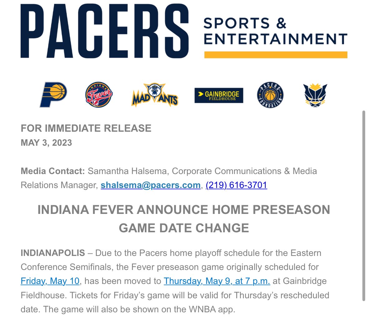NEW: The Fever home preseason game for next week has been moved to THURSDAY. Game Three of Pacers vs. Knicks is now taking over the Friday date. Tickets already bought for the Fever game will be valid for Thursday. @FOX59 @CBS4Indy