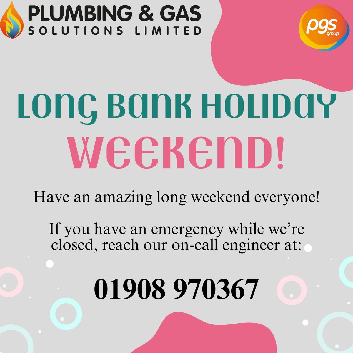 Have a great long weekend, everyone! 😎 Our office will be closed for the long weekend. Don't worry, though. If you have an emergency, we still have an on-call engineer available to deal with urgent issues. For any plumbing or gas-related emergencies, call PGS. 01908 970367 📞