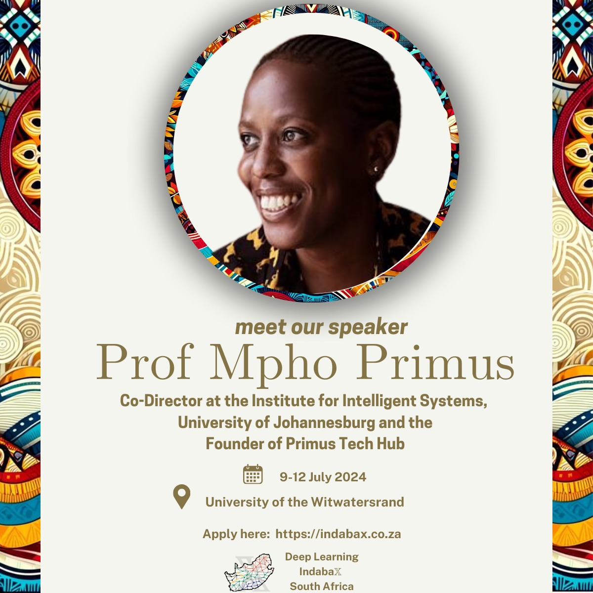 Please welcome our next keynote speaker, 
Professor Mpho Primus <a href="/mphoraborife/">Mpho Primus</a>, an esteemed NRF-rated researcher in computational linguistics. She is the Co-Director at the Institute for Intelligent Systems, University of Johannesburg and the Founder of Primus Technology Hub.