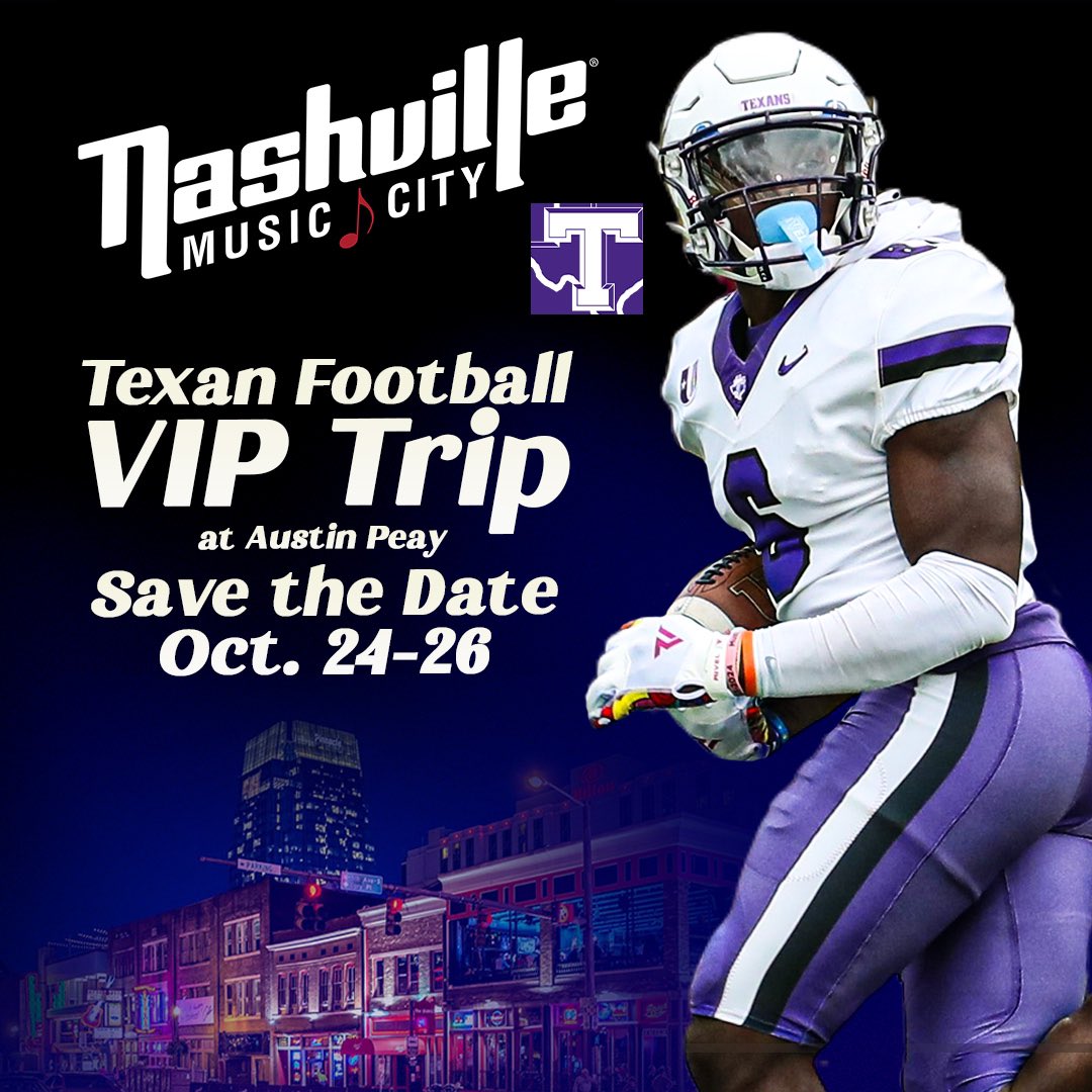 We have a special trip planned for when we take on the defending UAC champions! Save the Date for the Texan Football VIP Trip to Nashville and Clarksville, Tennessee! ✍️