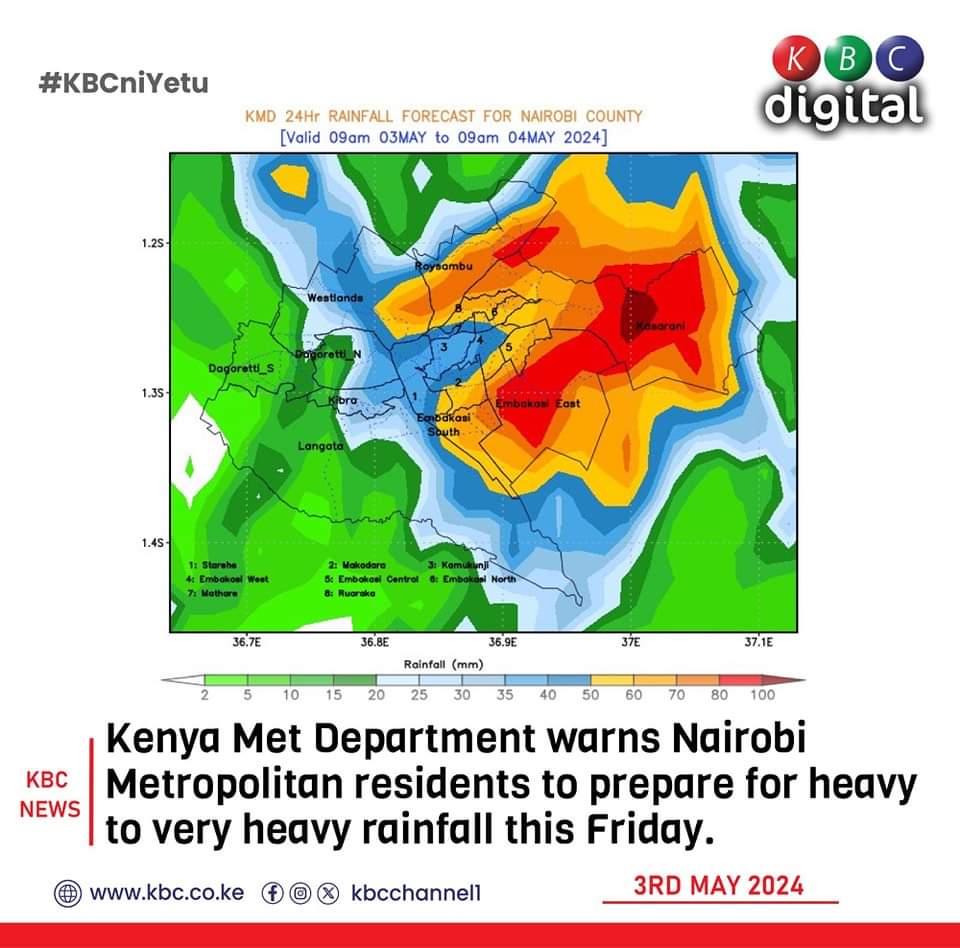 Kenya Meteorological Department alerts Nairobi Metropolitan residents to expect heavy rainfall on Friday. #remainvigilant #StayInformed