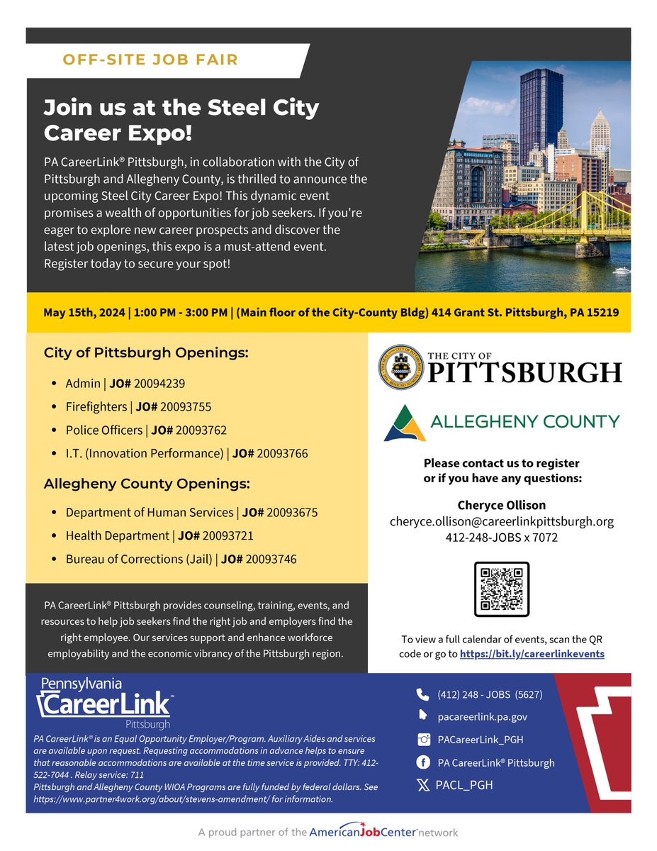 Explore top career opportunities at the Steel City Career Expo on May 15th! Openings with the City of Pittsburgh as a Police Officer or Firefighter, and Allegheny County as a Corrections Officer at the County Jail. Additional roles also available! Don’t miss out—register today!