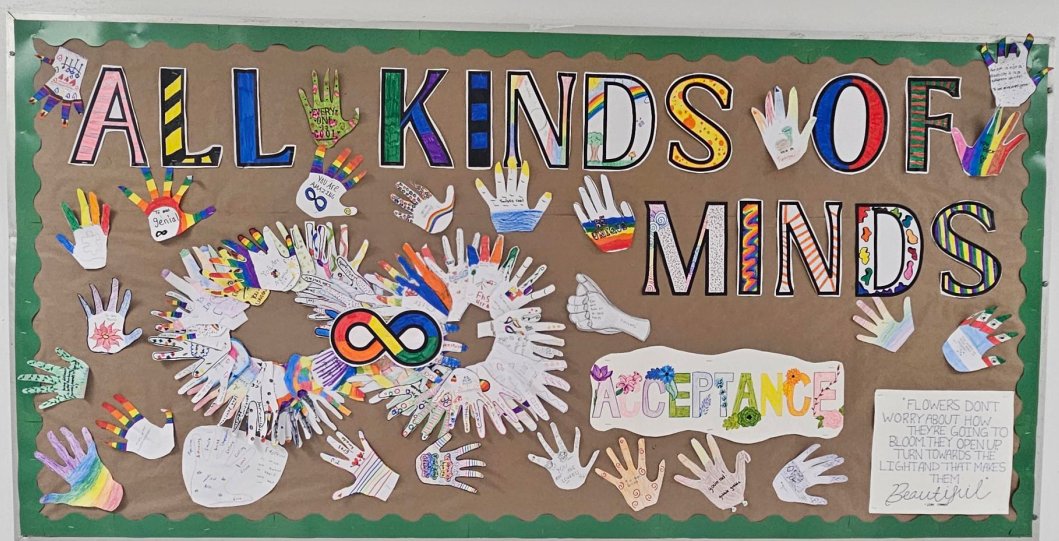 Mrs. Strafer's Spanish Classes gave our @FBHSColonials Special Needs students a hand to celebrate Autism Awareness Month and developed this wonderful bulletin board to celebrate everyone's unique way of communicating and thinking. #BoroPride #TheRegional