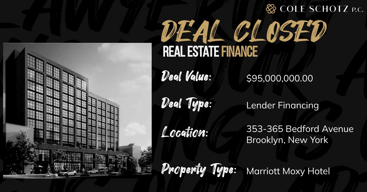 Congratulations to our client G4 Capital Partners on their closing of a $95 million loan facility to Lightstone Group to refinance its 216-key Marriott Moxy hotel located in Williamsburg, Brooklyn.

#ColeSchotz #realestate #realestatelaw #nyrealestate #lawyeringisourart