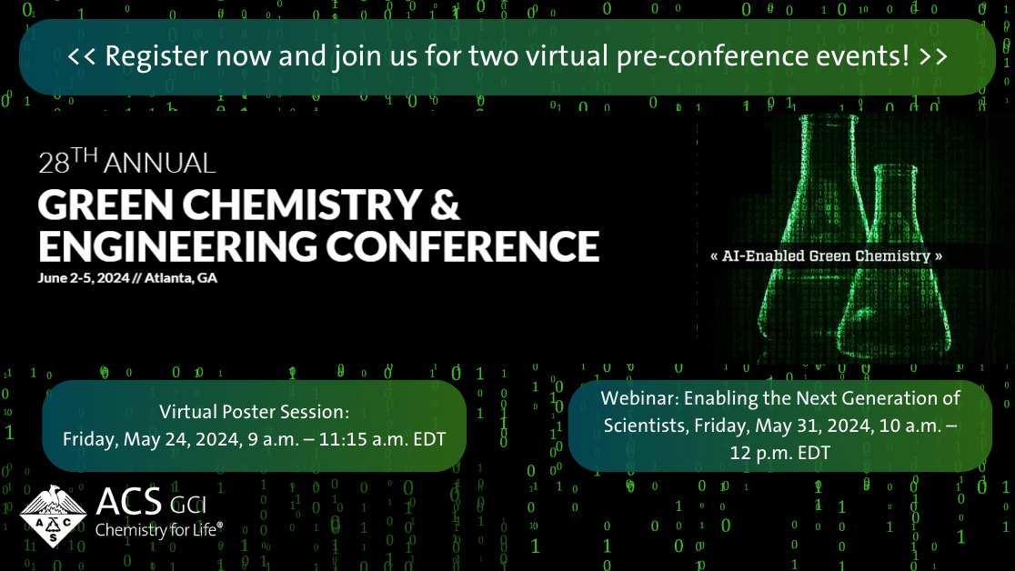 The 2024 Green Chemistry & Engineering Conference (#gcande) is only a month away! Register now & join us for our first pre-conference event, a virtual poster session on Friday, May 24th, to learn about international #greenchemistry & engineering research. brnw.ch/21wJreC