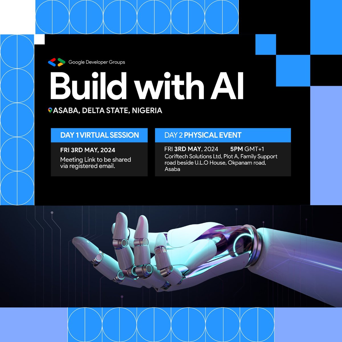 It's less than two hours to go 🥳🥳 Come join us for the first day of the Build with AI Event today at 5 pm. We'll have lots of discussions about AI. It's all happening online, so just click this link, register and details of the event will be sent to your mail