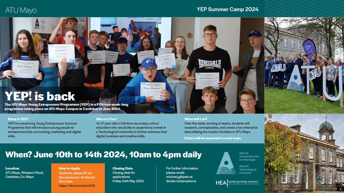 🥳 YEP! is back on the ATU Mayo Campus in Castlebar, from June 10th to 14th 2024, 10am to 4pm daily, for 14-17 year olds in full time education! 🖱️ Interested? Please fill out the expression of interest form here 👉 loom.ly/mlgEgo8 #ATU #SummerCamp2024