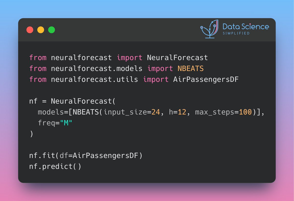 Neural forecasting methods can enhance forecasting accuracy, but they are often difficult to use and computationally expensive.

NeuralForecast provides a simple way to use efficient models, using familiar sklearn syntax. 

🚀 Link to NeuralForecast: bit.ly/44h9KM7