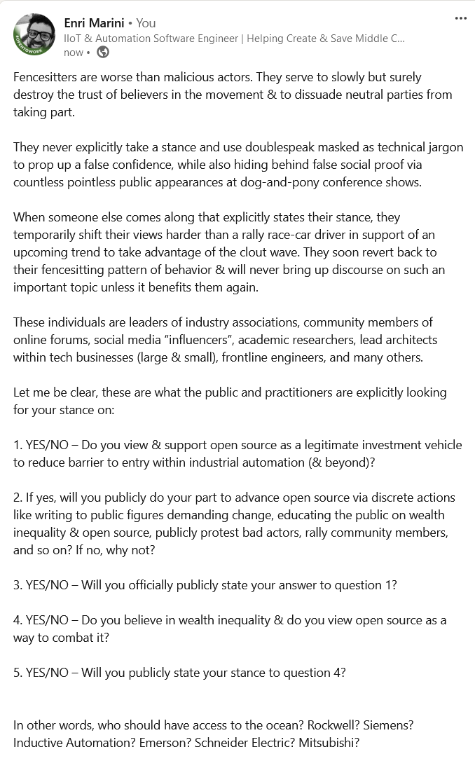 Who should have access to the ocean? Rockwell? Siemens? Emerson? Inductive Automation? 

#opensource #manufacturing #automation #industrialrevolution #IoT #IIoT #internetofthings #technology #TechNews 

linkedin.com/posts/enrimari…