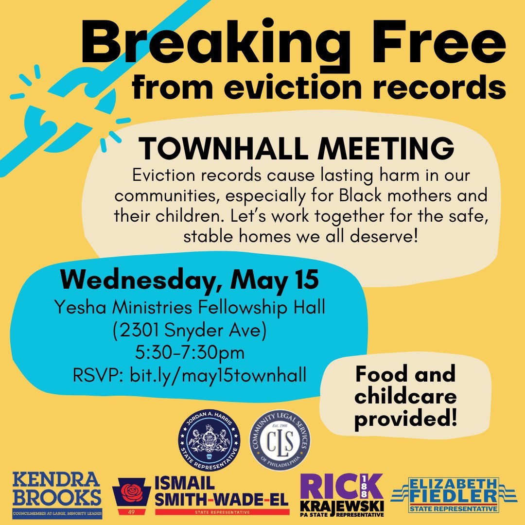 Looking forward to cohosting a townhall meeting on the lasting harm of eviction records and how our communities can break free. Swing by on Wednesday the 15th!