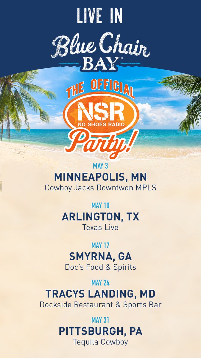 Tonight is our first @noshoesradio party in May! We hope to see you tonight, Minneapolis! #SunGoesDownTour

See all our upcoming events: events.bluechairbayrum.com/events