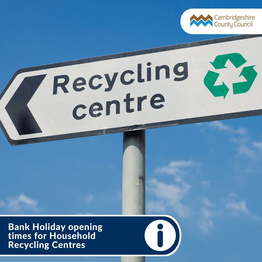 Reminder: Monday 6 May 2024 is a #BankHoliday Please be aware of changes to opening times for our Household Recycling Centres. You can check Bank Holiday opening hours here: cambridgeshire.gov.uk/residents/wast… Wishing all residents across #Cambridgeshire an enjoyable day.