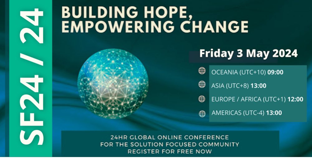 #SolutionFocused #SF24 Building Hope, Empowering Change
SF24 Conference is today. so far, so brilliant. 
@AFroerer @LHjorten and @seaviewhypno speaking at the moment.
#evidence