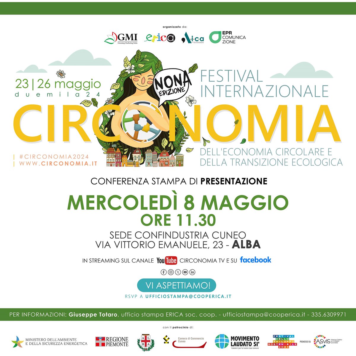 #Circonomia2024 sta arrivando! Presenteremo tutte le novità della nona edizione in programma dal 23 al 26 maggio ad #Alba mercoledì #8maggio alle 11,30 presso la sede albese di @ConfindustriaCn: potrete seguire la diretta sul canale #YouTube CirconomiaTV....vi aspettiamo!