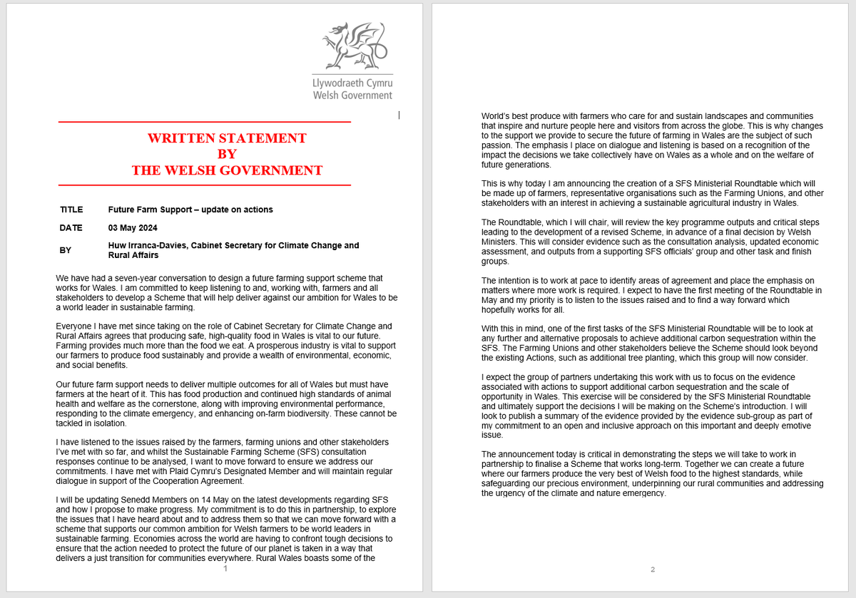 🚨Welsh Government establishes a Sustainable Farming Scheme Ministerial Roundtable 🗣️“This is a welcome announcement from the Cabinet Secretary and is a positive response to Plaid Cymru’s calls for a broader range of options for carbon sequestration under the SFS.'