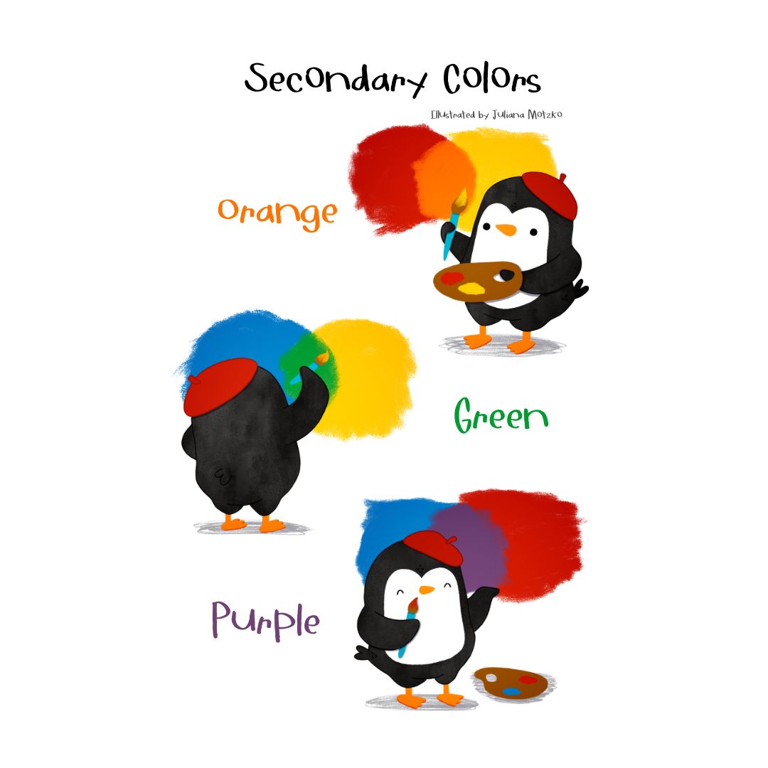 Secondary Colors. New design available in our stores. Order yours now! Link in Bio. #ThePenguinsFamily #penguin #Learning #Colors #cute #PenguinsLife #life #cartoon #dailylife #illustrator #ilustracao #kidlitart #kidlitartist #插图师 #企鹅 #插画 #JulianaMotzko