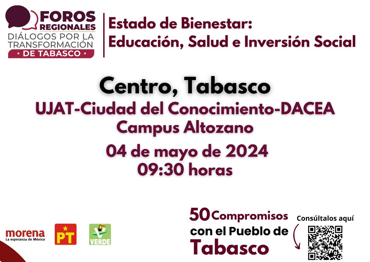 Recuerden que los 'Foros Regionales: Diálogos por la Transformación de Tabasco' continúan, ahora en el municipio de Centro este sábado 4 de mayo, con el tema: Estado de Bienestar: Educación, Salud e Inversión Social. Les comparto el enlace javiermay.mx/foros-regional… de inscripción.