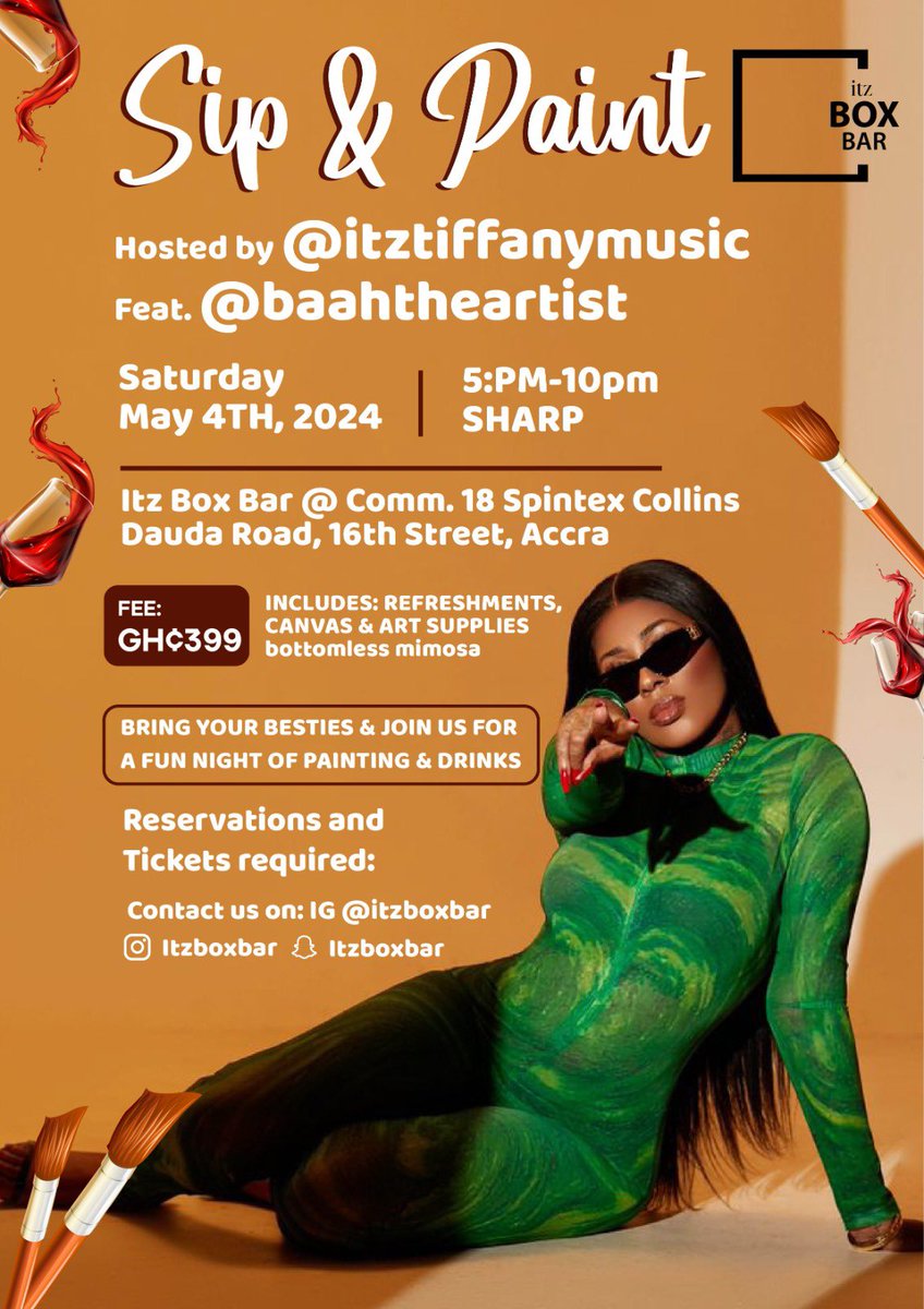 ITZ TIFFANY MUSIC (@itz_tiffany) on Twitter photo Sip n Paint hosted by meeee <a href="/itzBoxBar/">itz BOX BAR</a> Com 18 spintex road next to Amadia shopping mall. Tickets ghc399 includes food n drinks. 10 slots left.. Meet me there tomorrow 🥳 BOOK NOW… Sip n Paint hosted by meeee <a href="/itzBoxBar/">itz BOX BAR</a> Com 18 spintex road next to Amadia shopping mall. Tickets ghc399 includes food n drinks. 10 slots left.. Meet me there tomorrow 🥳 BOOK NOW…