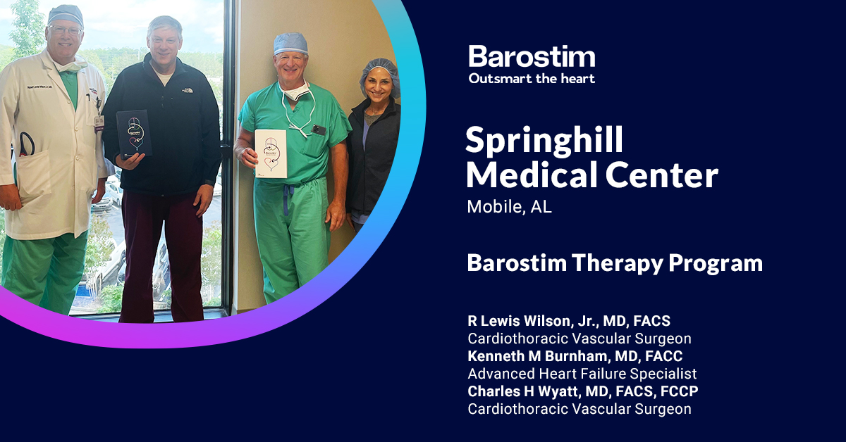 Congratulations to Drs. R. Lewis Wilson, Jr., Kenneth M. Burnham, and Charles H. Wyatt and the team @SpringhillMC on their first #Barostim implant. Thanks for providing a novel therapy option for your #heartfailure patients.