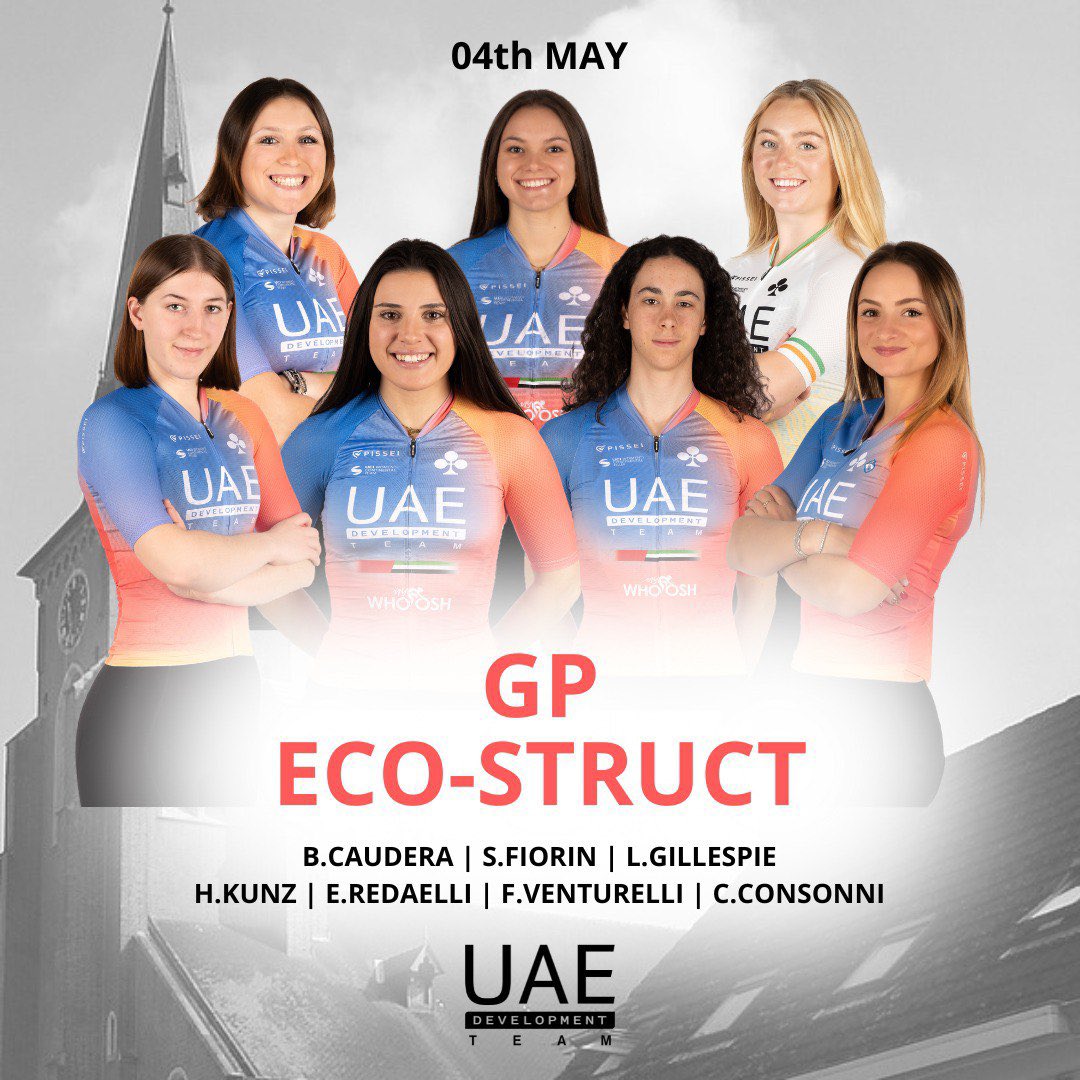 LINE UP 🇦🇪 UAE Development Team x GP Eco-Struct 🇮🇹 CAUDERA Beatrice 🇮🇹 FIORIN Sara 🇮🇪 GILLESPIE Lara 🇩🇪 KUNZ Hannah 🇮🇹 REDAELLI Emma 🇮🇹 VENTURELLI Federica and from @UAETeamADQ 🇮🇹 CONSONNI Chiara #Believe #UAEDevoTeam