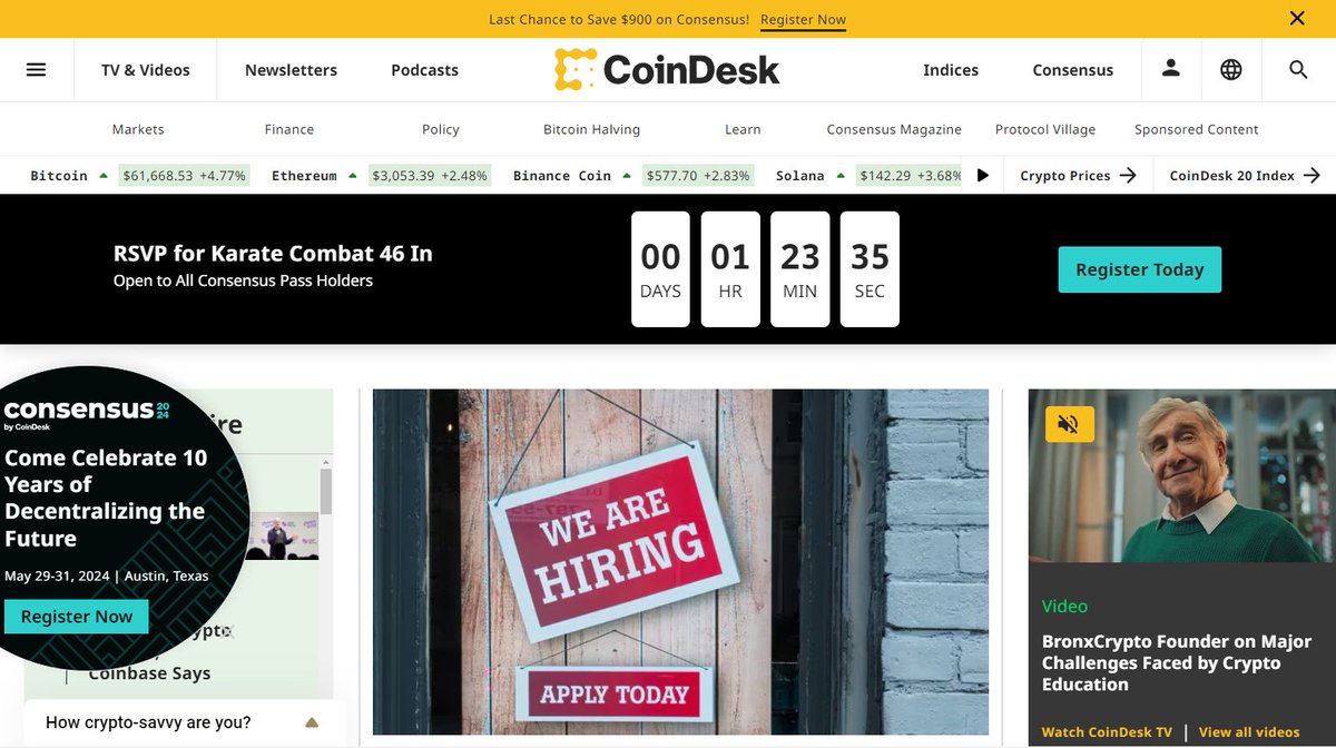 Karate Combat 46 registration countdown on the front page of Coindesk today 🔥🔥🔥 We have come a long way in a short time 🥋 $KARATE