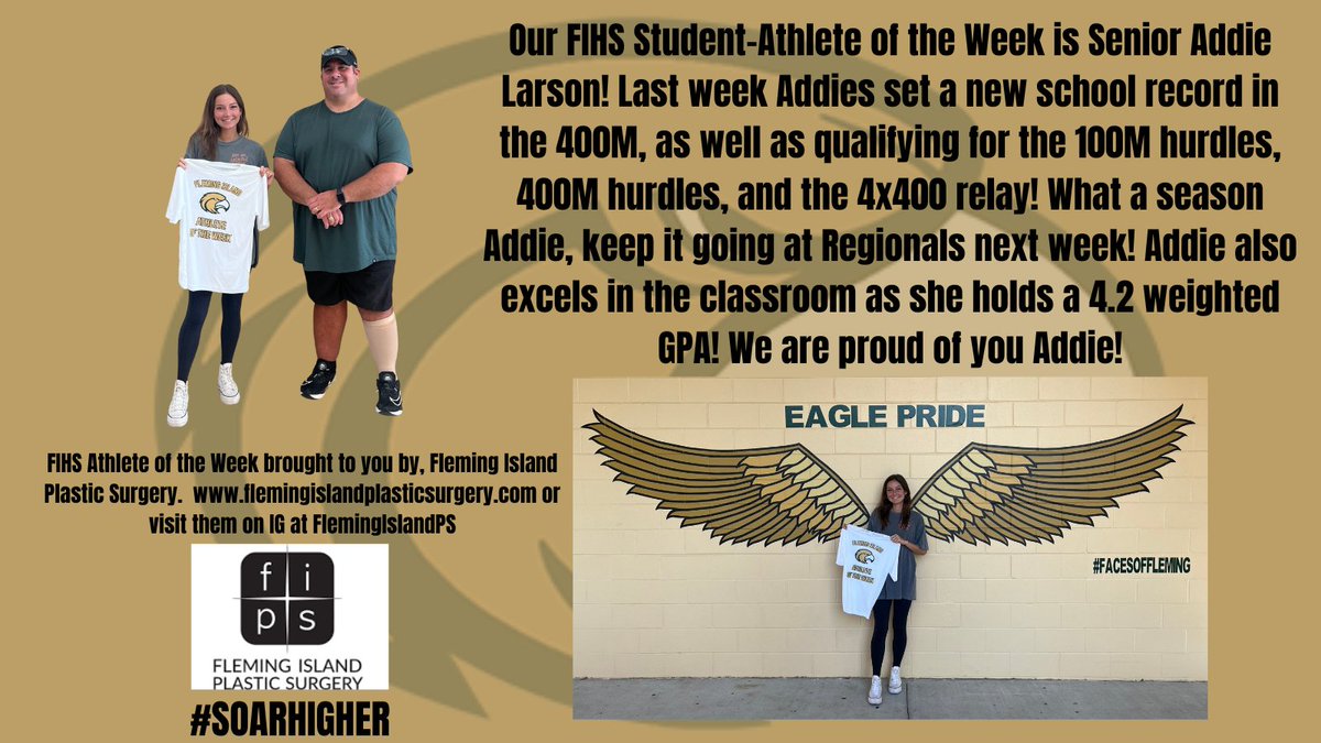 Congratulations to this week's Athlete of the Week, Senior Track Team member, Addie Larson! Addie had a tremendous week, on top of her awesome season! Next week she will compete at the Regional meet at UNF! Great work Addie! #SoarHigher