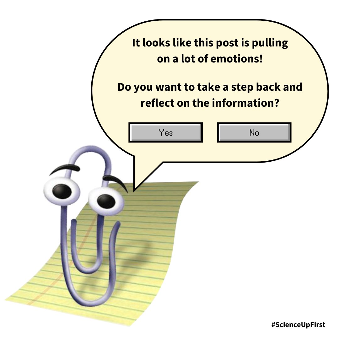 We felt nostalgic this week and wanted to bring back Clippy, but with a twist! We wondered: “What would Clippy say if it was programmed to nudge and assist people with misinformation?” More Clippys here 👇 scienceupfirst.com/project/what-w… #ScienceUpFirst #LaSciencedAbord