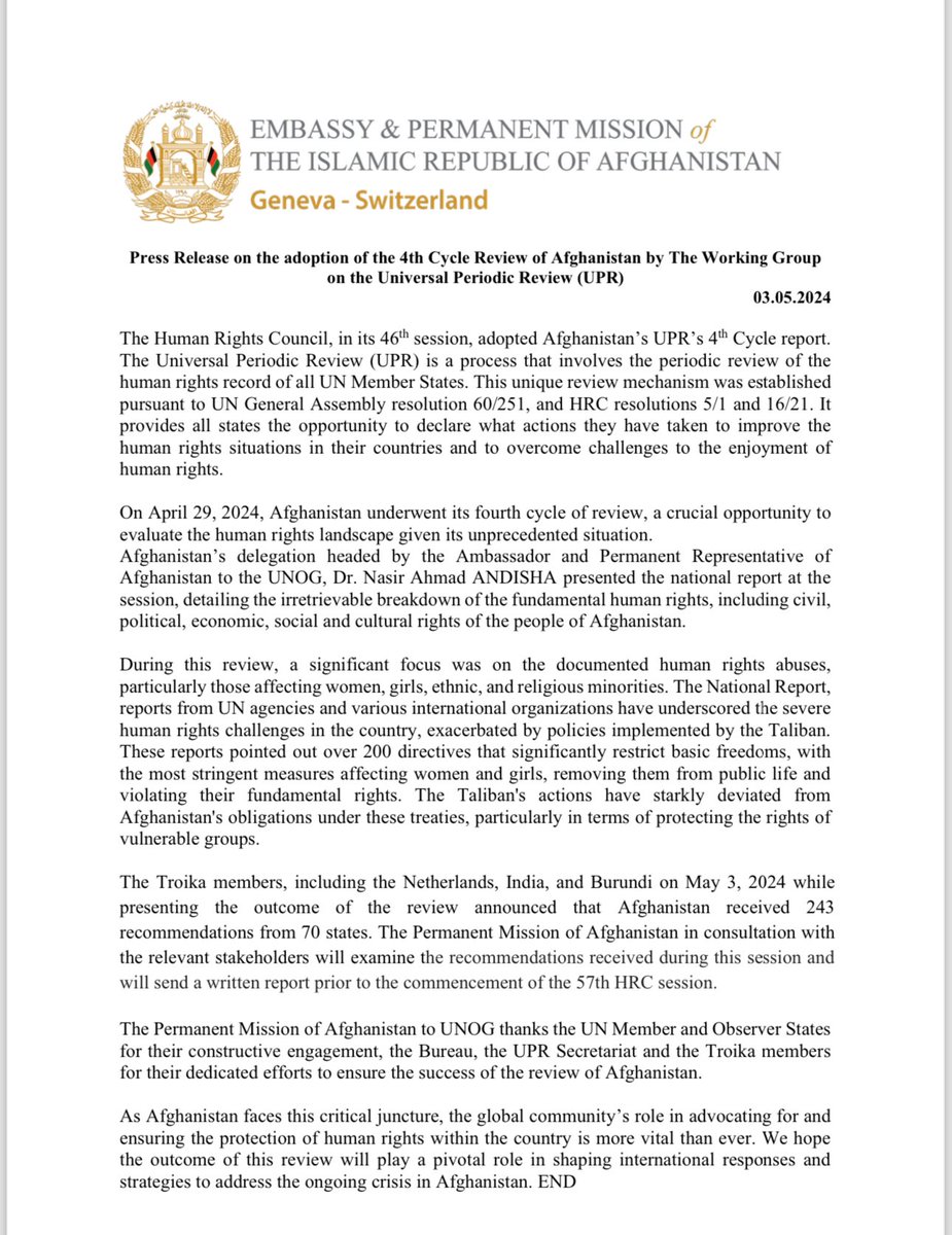 Press Release on the adoption of the 4th Cycle Review of Afghanistan’s UPR by The Working Group on the Universal Periodic Review (UPR) ( Geneva) 03.05.2024