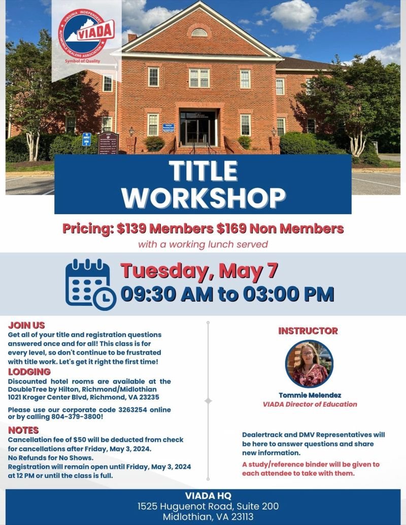 📢 Attention all Dealers! Don't miss out on our upcoming Title Workshop happening on Tuesday, May 7th! business.viada.org/events/details…