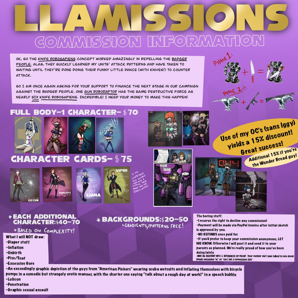 Llamissions! They’re open again! It’s the month of May so let’s do a 15% discount on MAY/MEI! (But not the Overwatch one absolutely not)