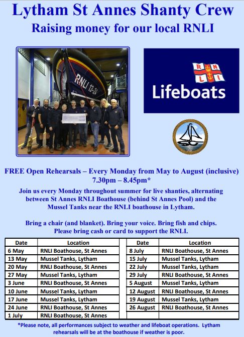 From next Monday evening to the end of August, the Lytham St Annes Shanty Crew will be back - alternating between the RNLI boat house in St Annes and the Mussel Tanks in Lytham, raising much needed monies for the @LythamRNLI (NB weather depending).