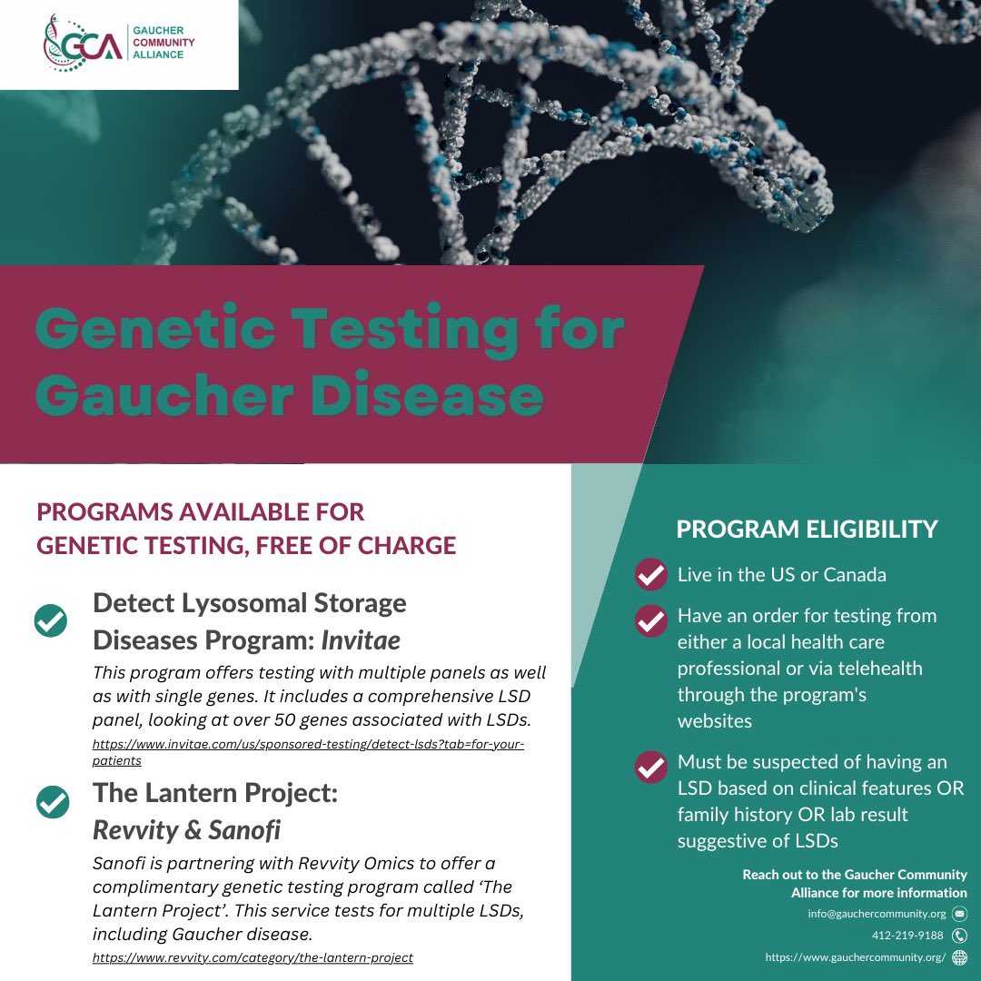 @Invitae and @RevvityInc offer programs featuring FREE genetic testing for Gaucher disease and other lysosomal storage disorders! Learn more about testing and eligibility on our website and the links below.