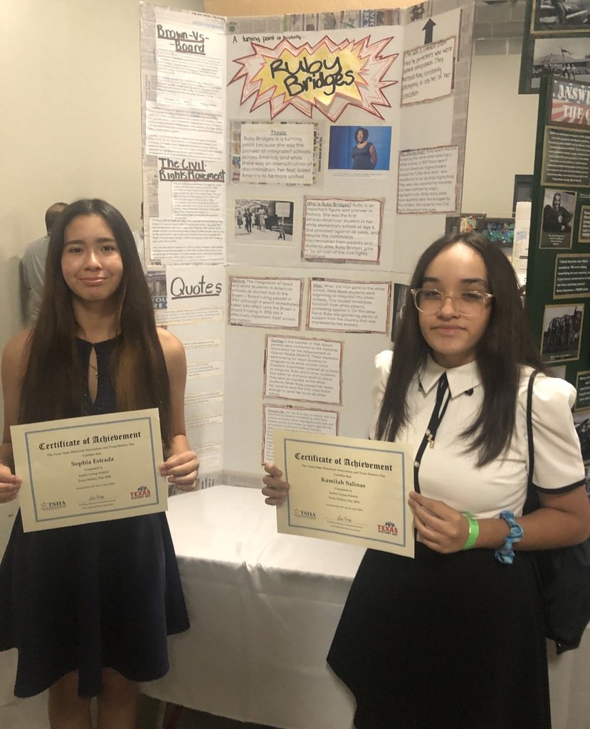 Congratulations to Sophia Estrada and Kamilah Salinas for participating in the State level competition of the National History Fair. They completed a research project on the importance of Ruby Bridges as a 'Turning Point in History,' representing DeLeon & McAllen ISD.