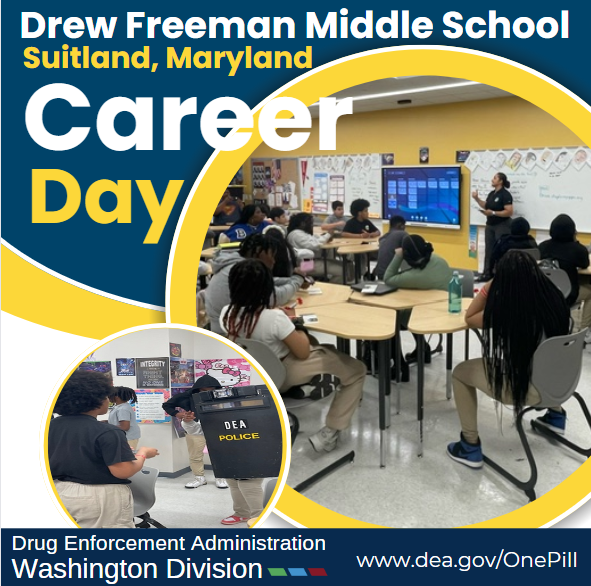 SA Savoy Kornickey & COS Sandoval provided interactive presentations to students at Drew Freeman MS, MD. They learned about #DEA, the dangers of #Fentanyl, #fakepills and how #OnePillcanKill. Students asked a lot of questions & had the opportunity to explore 'cool' DEA tools.