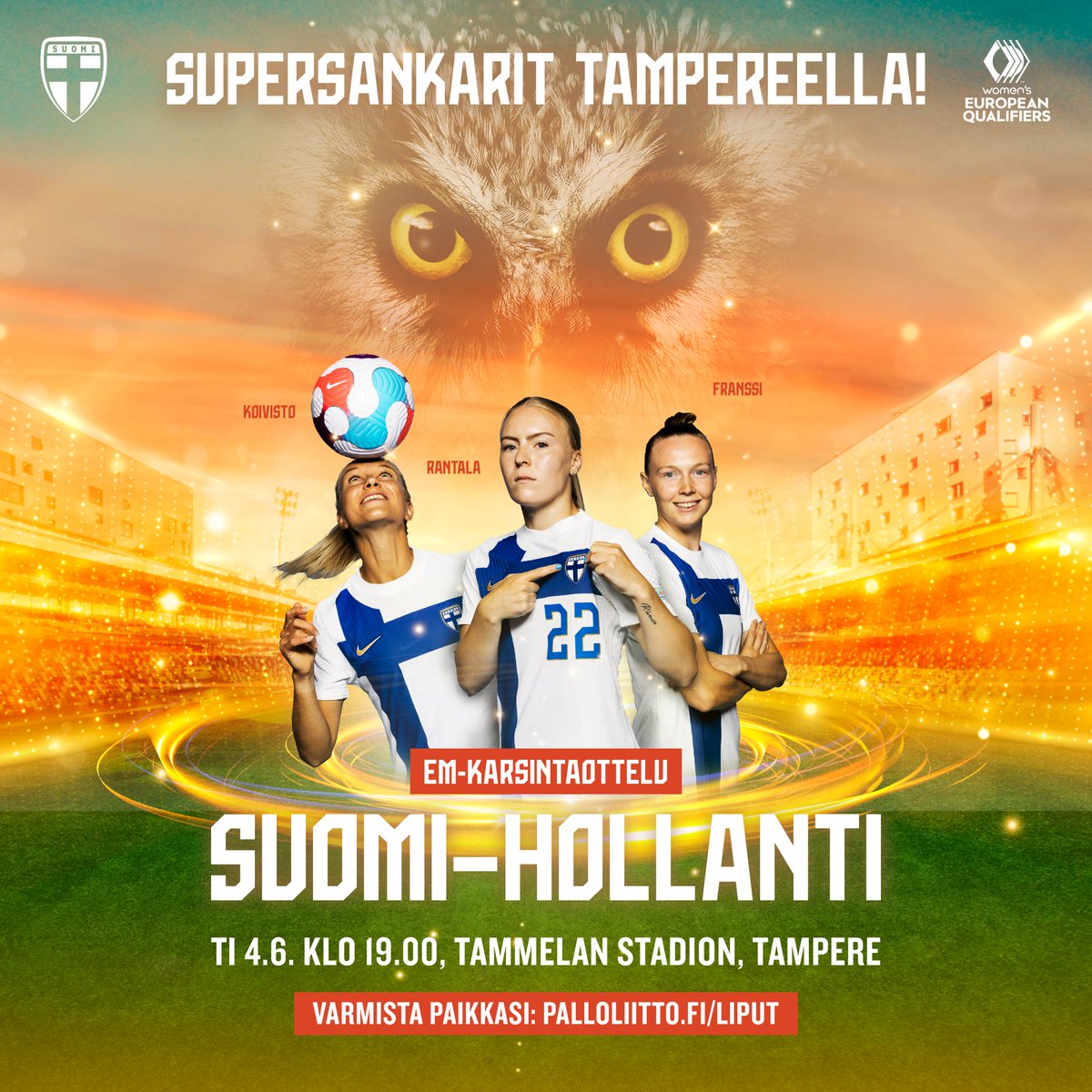 𝐊𝐔𝐔𝐊𝐀𝐔𝐒𝐈! 🔜 🇫🇮🇳🇱 | Kesä alkaa Tampereelta - nähdään Tammelan Stadionilla! 🏟️ Pääkatsomo pian loppuunmyyty - varmista paikkasi Helmareiden EM-karsintaottelussa nyt! ➡️palloliitto.fi/liput #Helmarit #FINNED #MeOlemmeSuomi #EURO2025 #WEURO2025