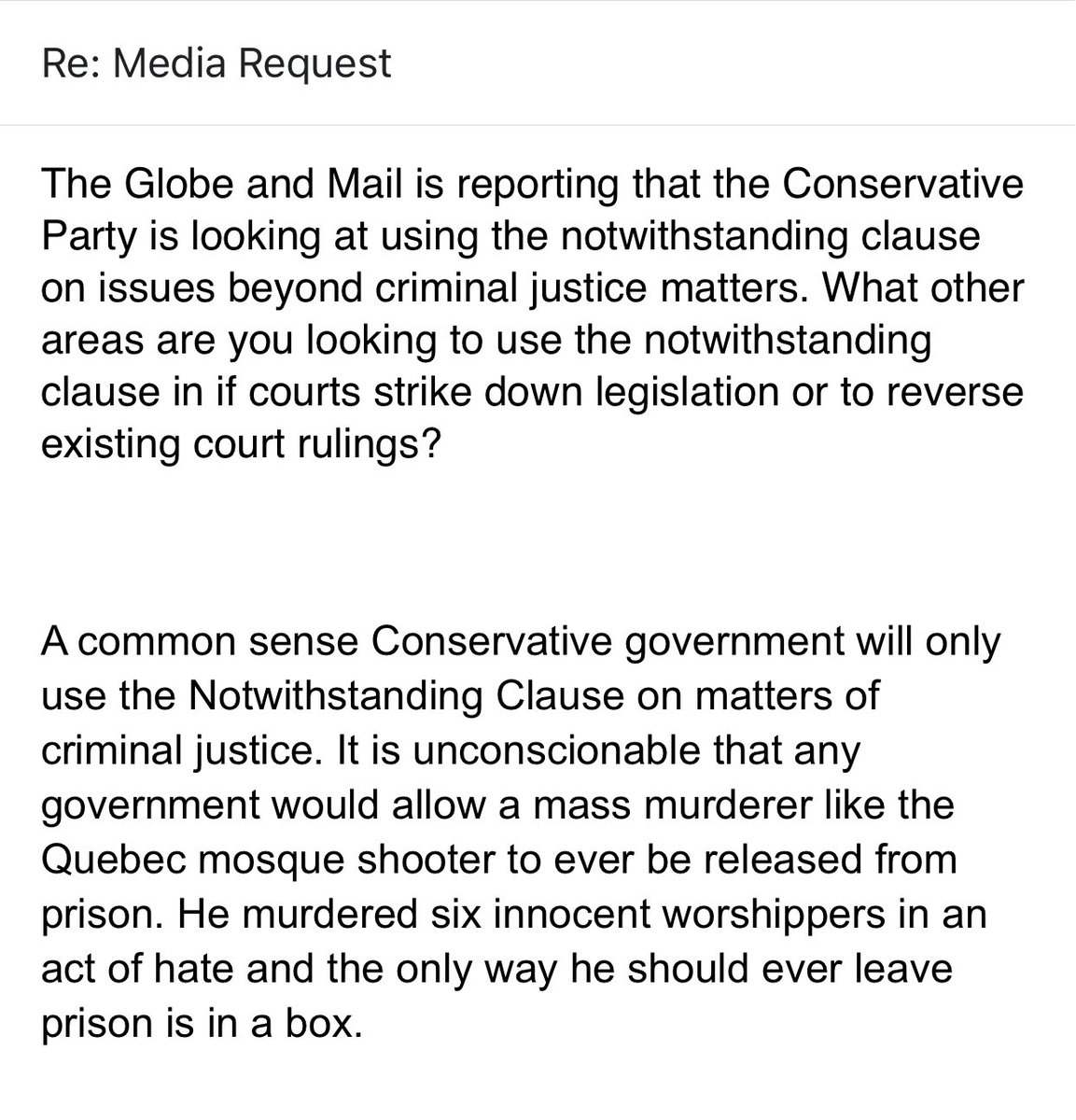 I asked Poilievre’s spokesman Sebastian Skamski to clarify the position/plans on the notwithstanding clause of the Charter. Seemed a little muddled. Below is the email exchange, edited to remove email addresses but full Q and full A. Pro-tip, be clear with your answers.