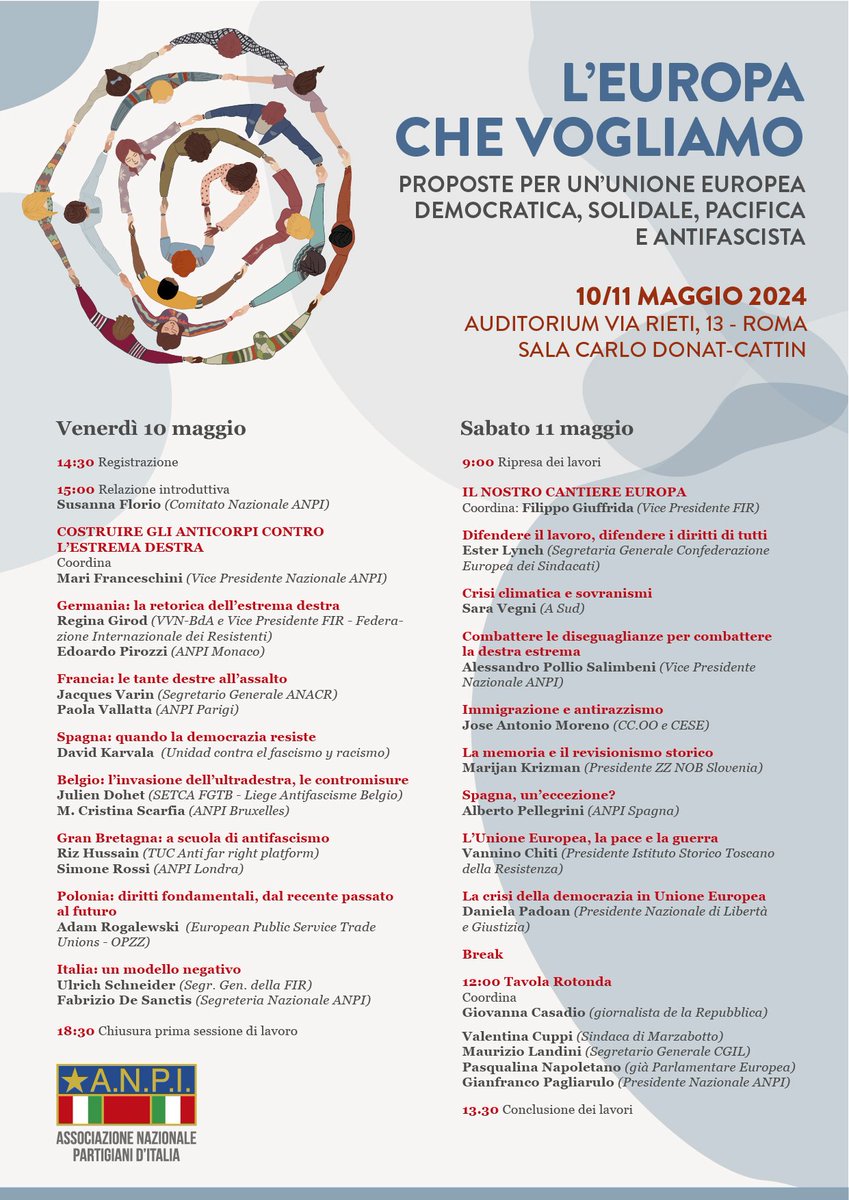 L'antifascismo in campo per l'Europa. Il 10 e 11 maggio a Roma, una due giorni di approfondimento. Nel secondo giorno, l'11 alle 12,presenteremo il nostro appello al voto,ANTIFASCISTA,per le elezioni dell'8 e 9 giugno Ingresso libero fino ad esaurimento posti #elezionieuropee2024