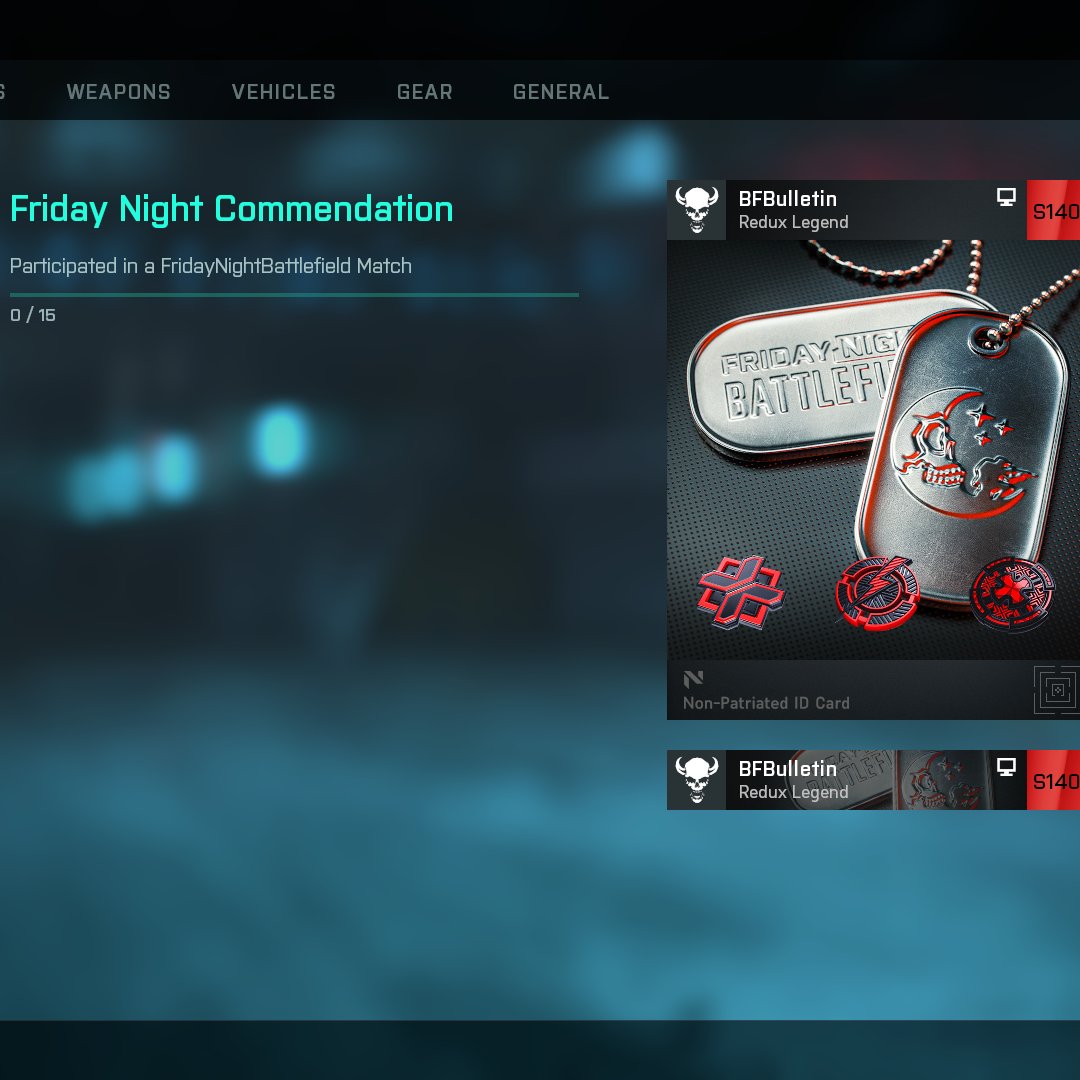 The 'Friday Night Commendation' Player Card Background is now available via #FNB's community event #Battlefield2042.

Play 15 #FridayNightBattlefield matches 🌜
Stadium TDM Mayhem 🏟️