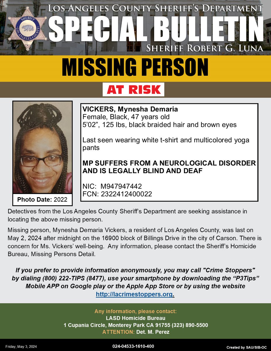 #LASD is Asking for the Public’s Help Locating Missing Person Mynesha Demaria Vickers, #Carson - 
local.nixle.com/alert/10943899/