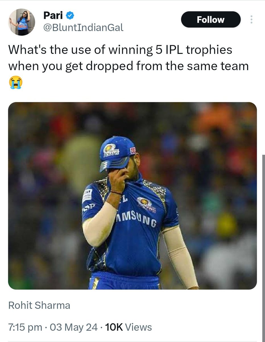 Source of happiness for Rohit fans is that Rohit is going to captain India in upcoming World Cup , while source of happiness for kohli fans is that Rohit is playing as impact player in an irrelevant IPL games 🤣

Get a life runndi @bluntindiangal