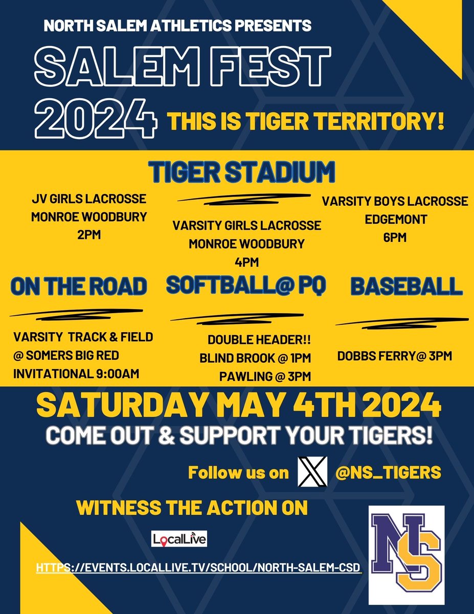Salem Fest 2024 
Saturday 5/4th 
Come out and support your TIGERS! #tigerpride 
💙💛