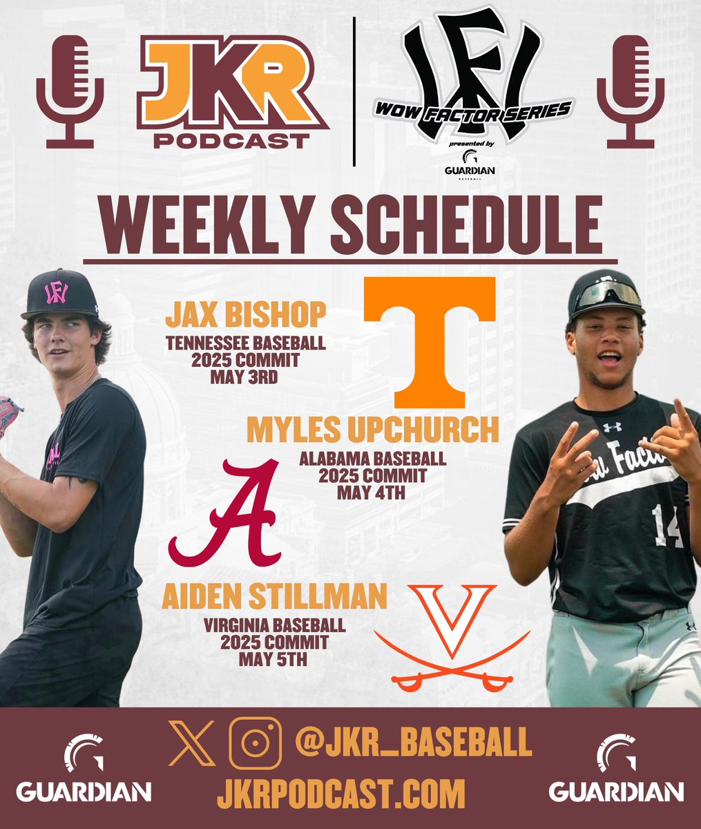 JKR_Baseball's tweet image. ‼️ WEEKLY SCHEDULE‼️
This week, we continue the Wow Factor Series!
🔴 2025 Tennessee Commit Jax Bishop
🟠 2025 Alabama Commit @Myles_U1
🔴 2025 Virginia Commit Aiden Stillman
🎧 Apple Podcast & Spotify