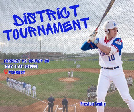 Forrest Baseball (16-10) hosts the Grundy County Yellow Jackets in the second round of the District 9AA Tournament. Game time is being moved to 6:30 pm tonight in an effort to avoid early showers and get the field ready. Come out tonight and support the Rockets! #RocketBoys