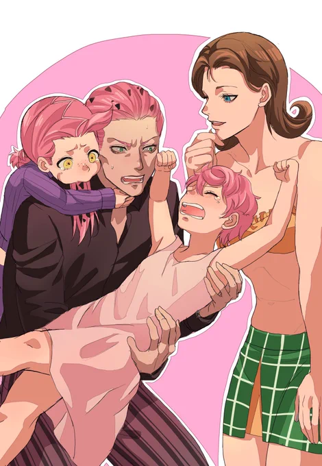 どぼさんからお誕生日祝いにピンク家族ことディアドナのイラストを頂きました尊く微笑ましい家族の日常#diavolo #diadona #donatellauna #jjba #jjbafanart #doppio #trishuna 