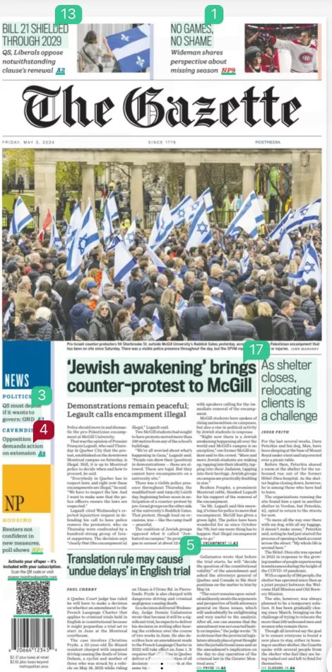 Front page of @mtlgazette👇 Loud and Proud of our Zionism 🇮🇱🔥 We will not shy away, cower or be intimidated by fringe pro-Hamas thugs who seek to spread hateful #antisemitism and Jew-hatred. We will not be deterred. We are here and are NOT EVER going away. ✡️