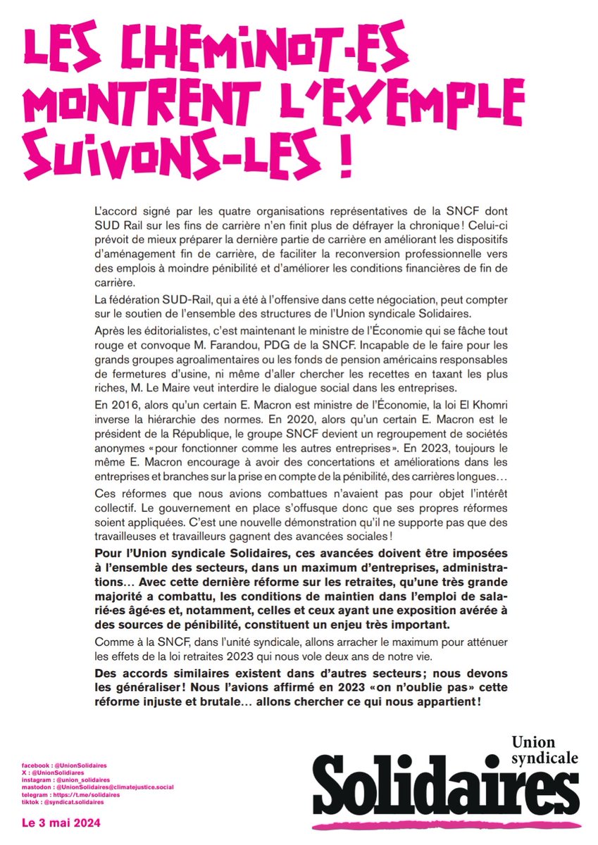 Les cheminot·es montrent l’exemple. Suivons les ! Pour l’Union syndicale Solidaires, les avancées obtenues par @Fede_SUD_Rail doivent être imposées dans un maximum d’entreprises, administrations ! Allons chercher ce qui nous appartient ! solidaires.org/sinformer-et-a…