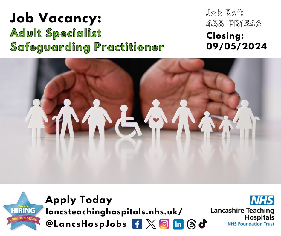 Job Vacancy: Adult Specialist #Safeguarding Practitioner @LancsHospitals ⏰Closes: 09/05/2024 Read more and apply: lancsteachinghospitals.nhs.uk/join-our-workf… #NHS #NHSjobs #Lancashire #Preston #SafeguardingAdults #Nurse #SocialWorker