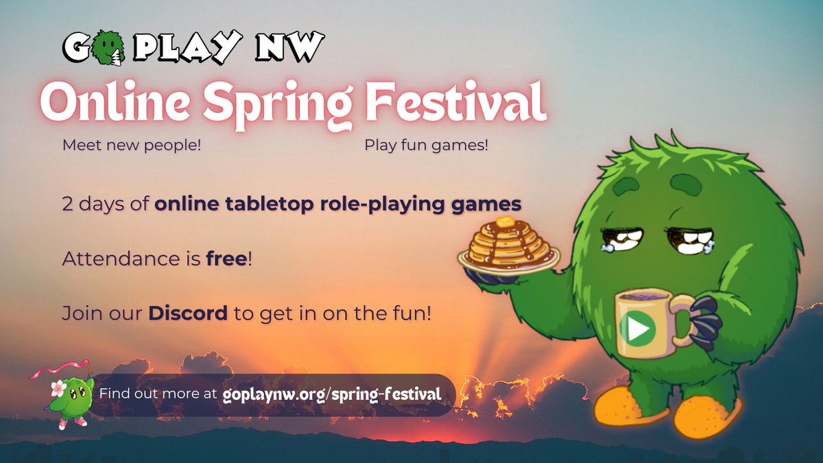 GoPlayNW's tweet image. The Go Play NW Spring Festival, a free weekend of tabletop gaming online, starts TOMORROW May 4 at 9 AM! It’s ALL DONUTS and open to anyone on our community Discord server! See the full schedule and more info at goplaynw.org/spring-festival #goplaynw