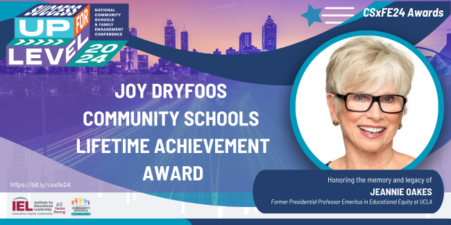 Earlier this week we announced our 2024 #CSxFE Joy Dryfoos #CommunitySchools Lifetime Achievement Award, honoring the memory & legacy of Dr. Jeannie Oakes, who passed peacefully last week, but was thrilled to hear of this recognition for her life's work: conta.cc/3JmjI55